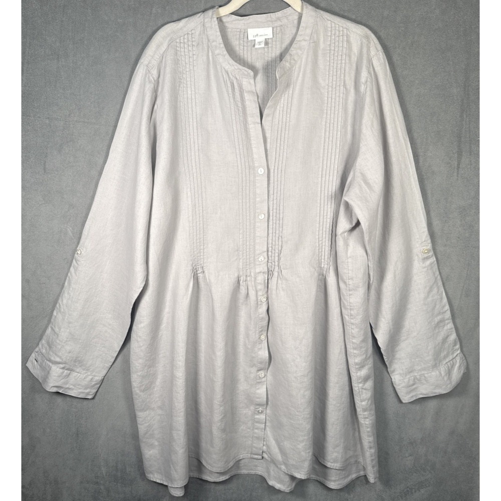 J Jill Love Linen Dress Tunic Dress Button Up Pintuck Gray Womens XL Tall